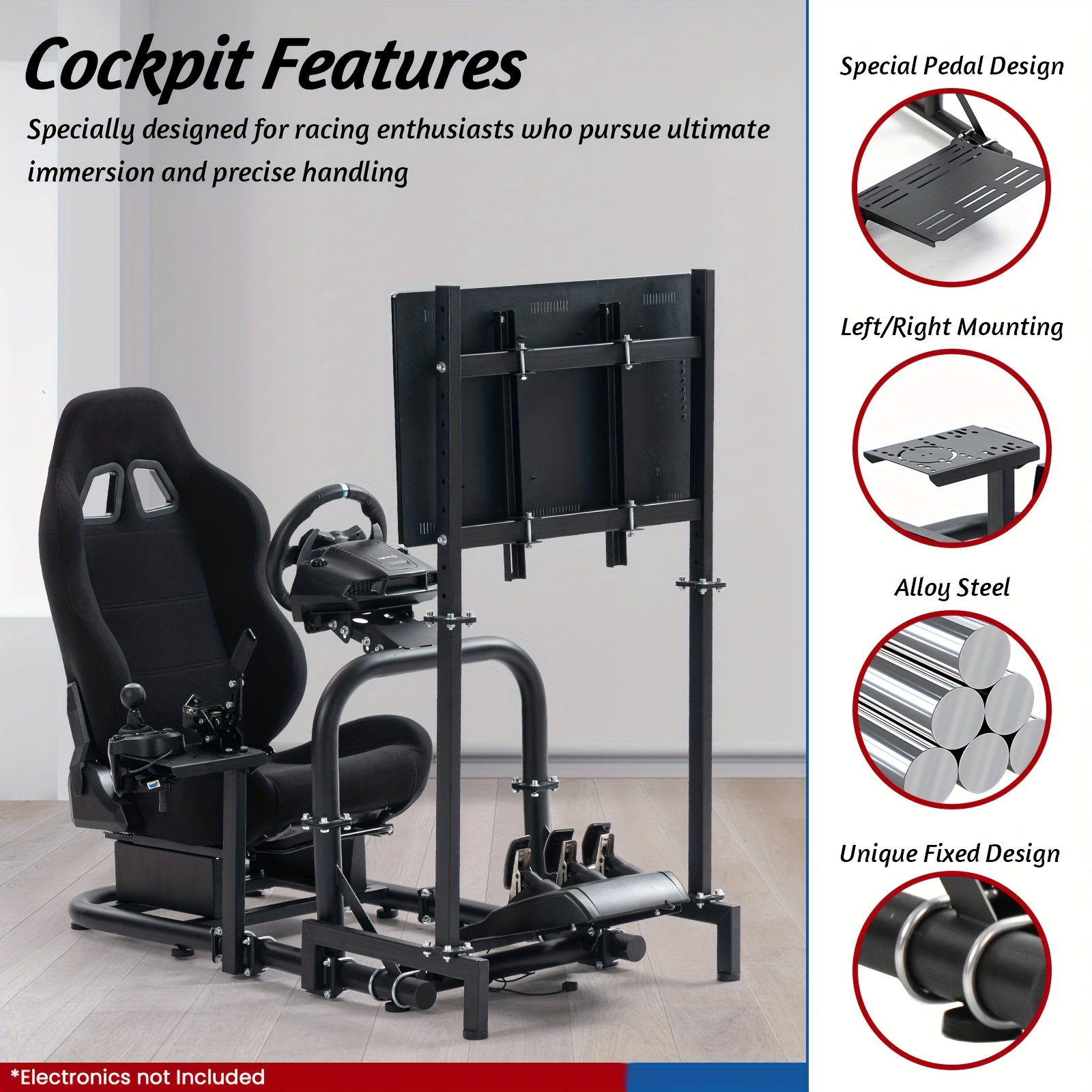 Adjustable Racing Simulator Cockpit with Black Seat and TV Stand